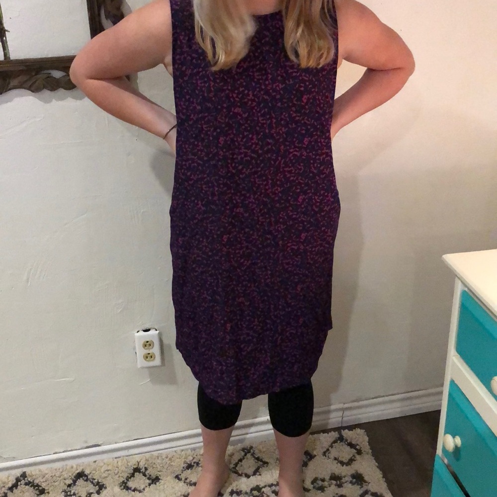 Large blue and purple shirt dress